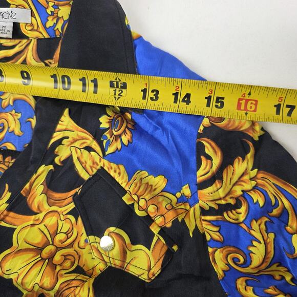 Cache Shirt Womens Medium Black Blue Gold Baroque Silk Stretch Snap Front Fitted - Picture 6 of 12